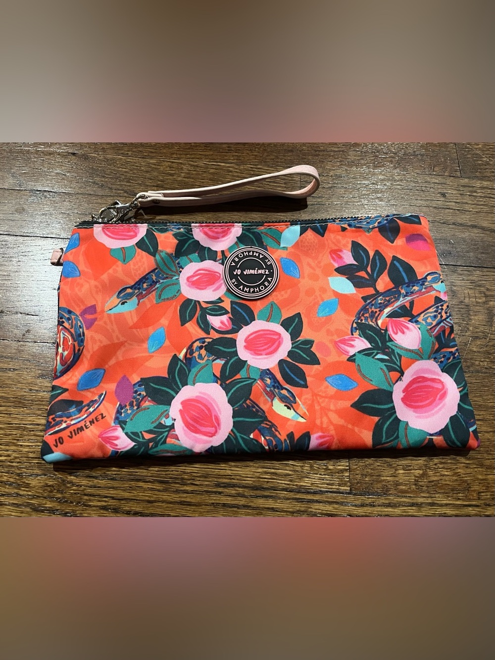 Amphora Jo Jiménez Floral/Snake Wristlet Pouch Clutch Orange Pink Zip w/ Strap